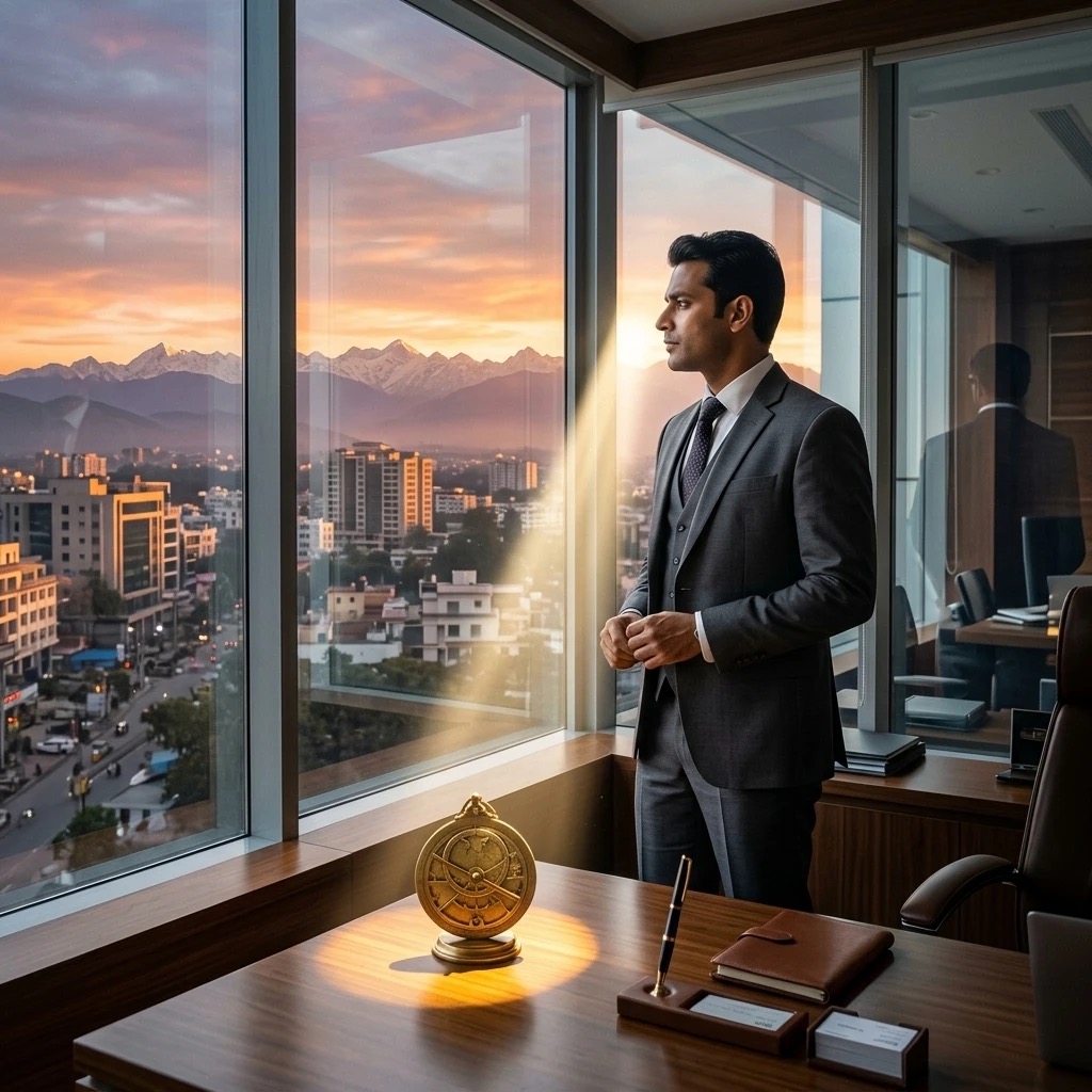 Professional standing in an office at sunrise beside a brass astrolabe, representing career and business guidance