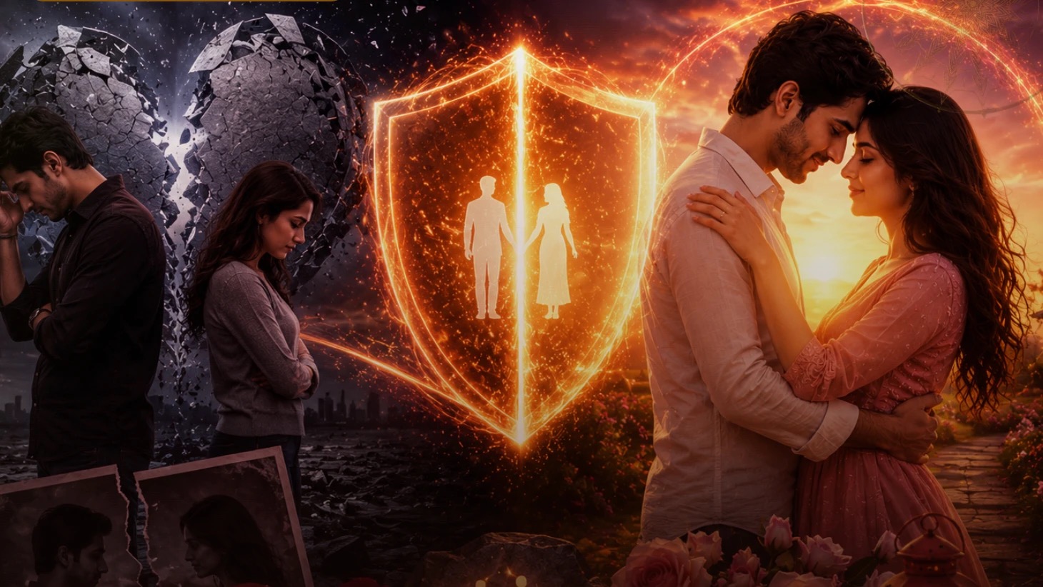 A troubled couple separated by a broken heart on one side, protected and reunited in loving embrace on the other