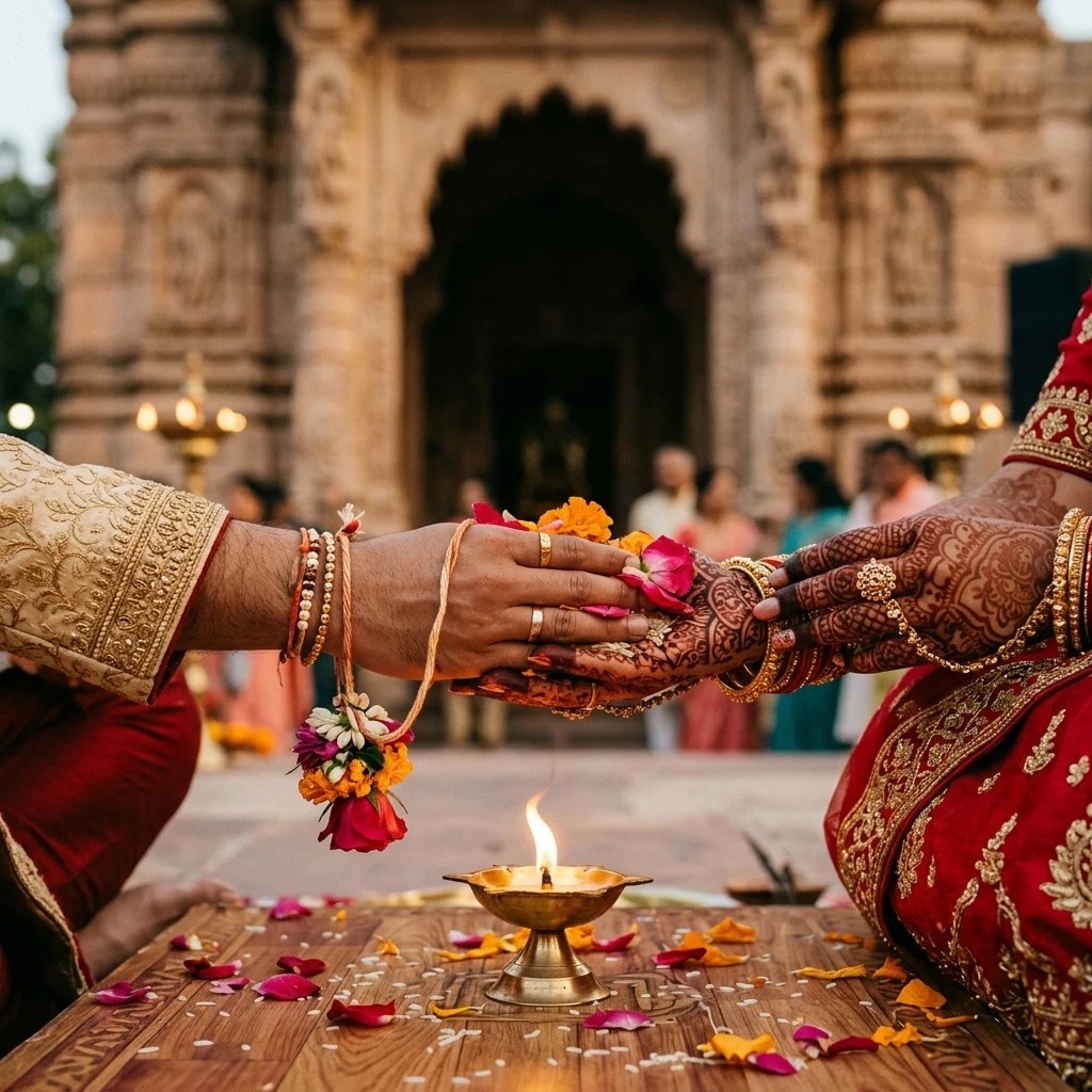 Bride and groom joining hands in a traditional Hindu wedding ceremony