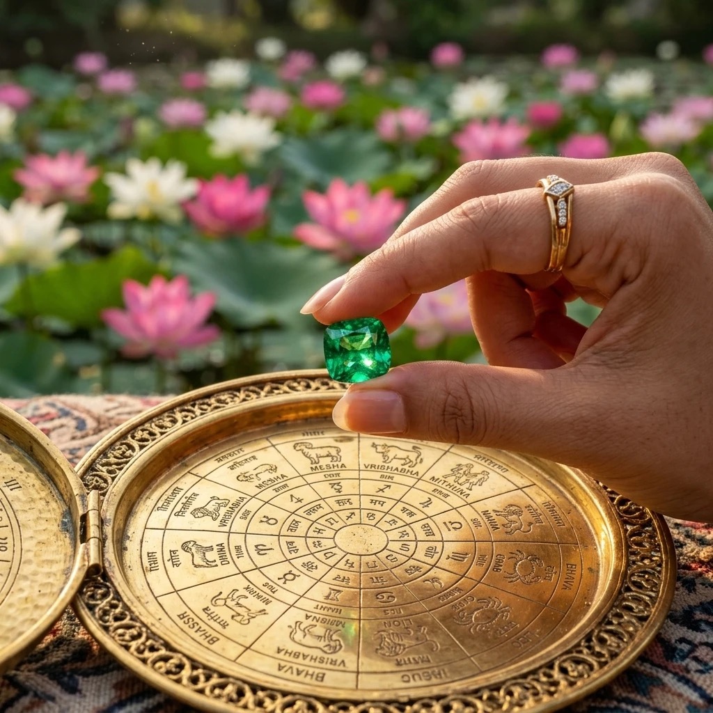 Hand holding an emerald gemstone above a brass zodiac plate, representing gemstone guidance for prosperity
